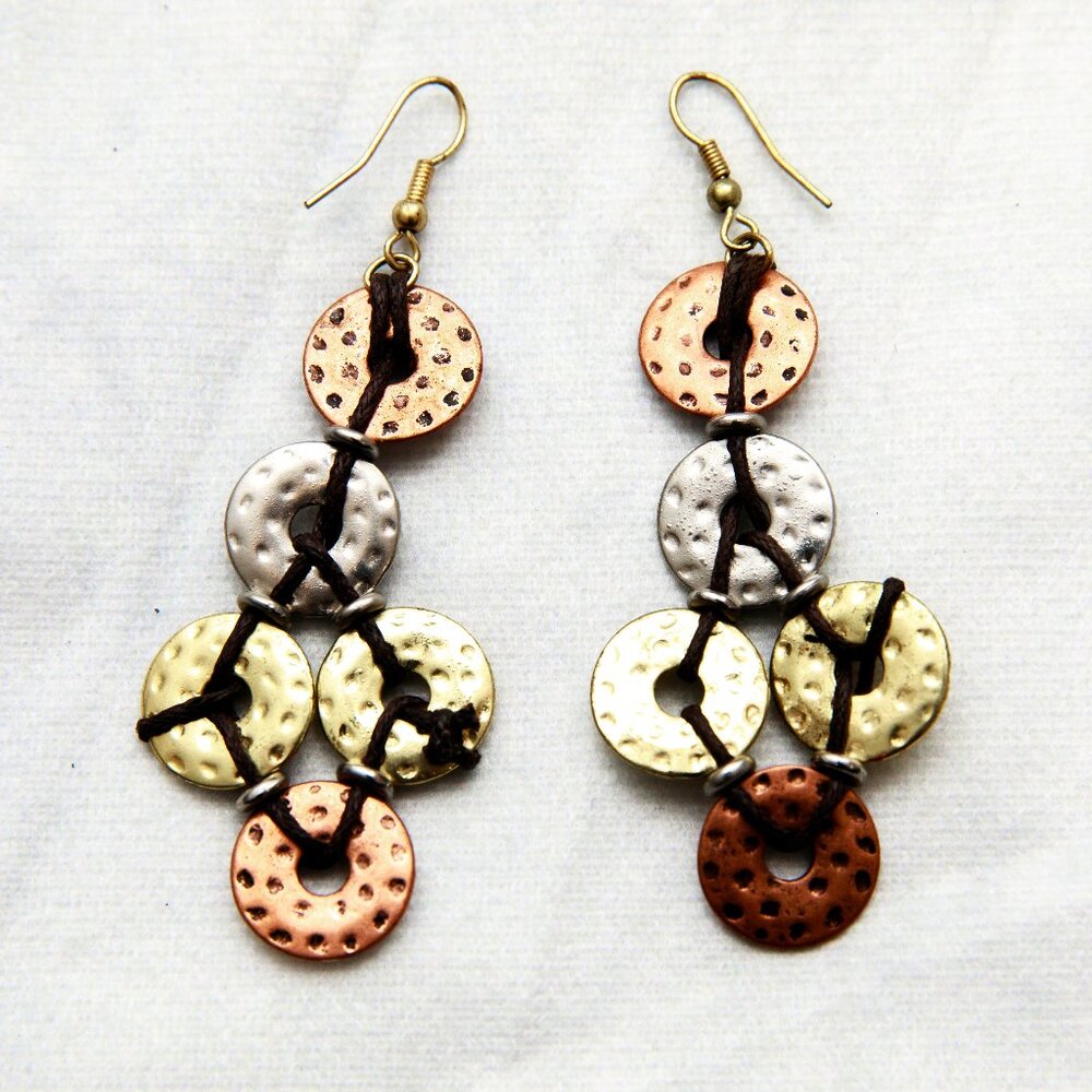 Vintage Copper Hammered Disk Hook Earrings Tied With Leather Cord